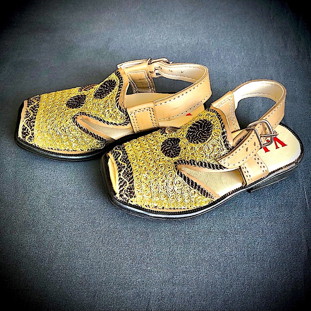 Toddler Pakistani Peshawari Chapal Sandal Thread Embroidered Gold/Brown - Picture 2 of 6
